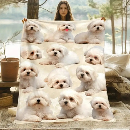 1Pc Fluffy Dog Blanket - Cute Animal Blanket with Adorable Puppy Faces, Soft Flannel Fabric 1-Piece Throw, Lightweight All-Seasons Warm Cover, Machine Washable for Small Dogs, Sofa & Bed Use