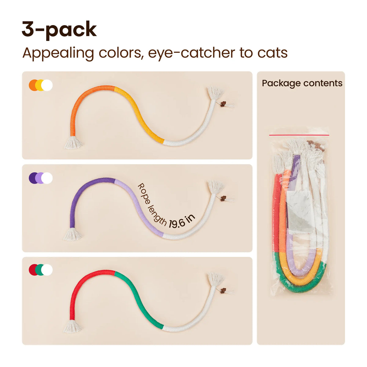 Potaroma 3-Pack Organic Cotton Snake Shape Interactive Cat Chew Ropes - 3-Pack Value Dental Care Toys for Indoor Kittens, Teeth Cleaning, Quiet Play, More Exercise, Calming