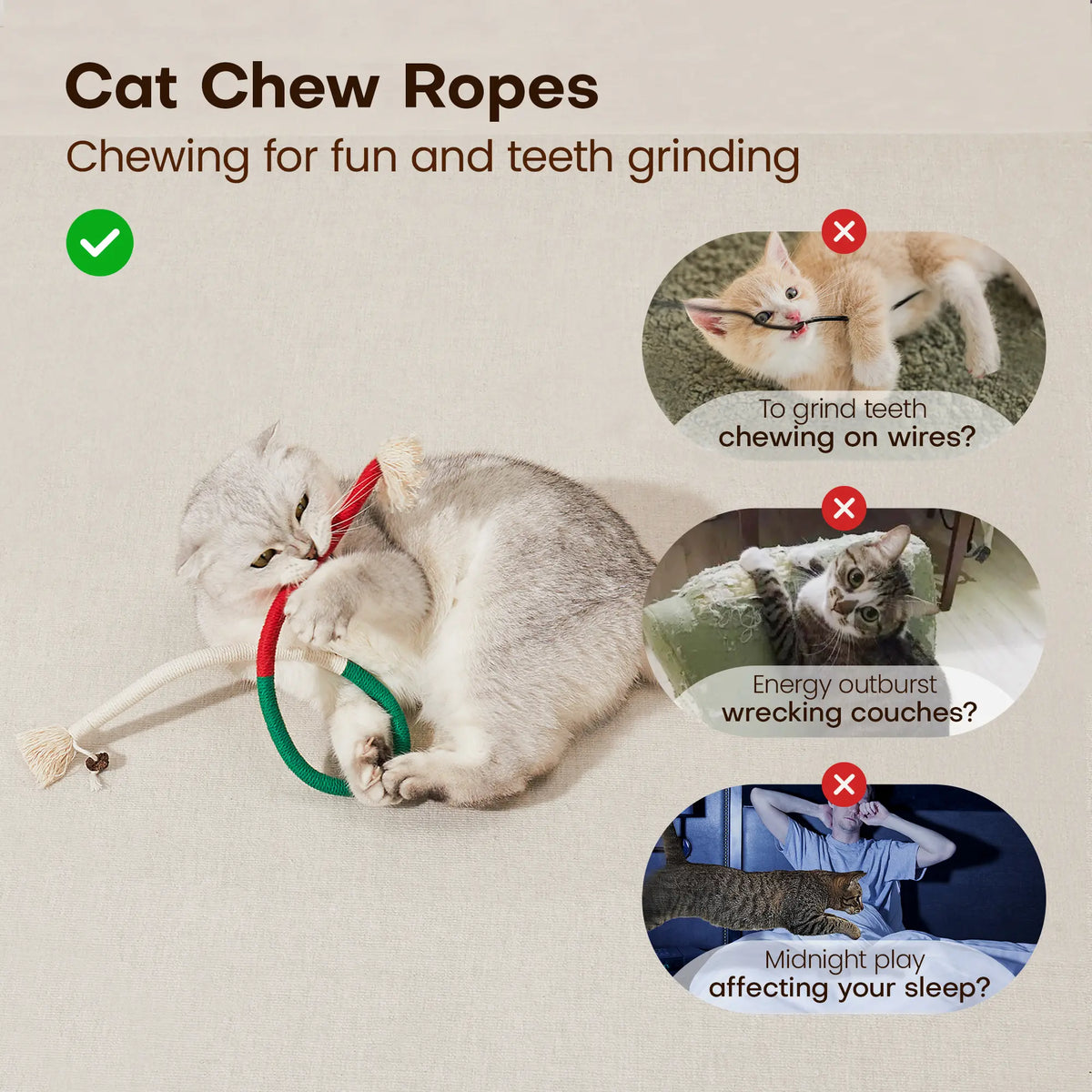 Potaroma 3-Pack Organic Cotton Snake Shape Interactive Cat Chew Ropes - 3-Pack Value Dental Care Toys for Indoor Kittens, Teeth Cleaning, Quiet Play, More Exercise, Calming